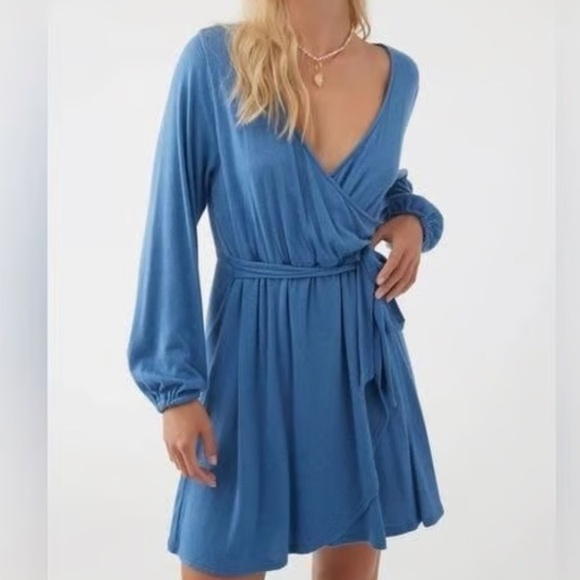 O’Neil Blue Long Sleeve Knit Wrap Tie Dress XS NWT - Picture 1 of 6